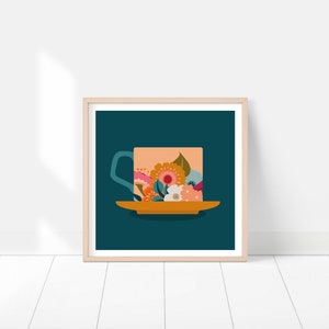 Little Navy Cup and Saucer Note Card & Envelope Framable Card 4x4 High Quality Print Retro Art Print Gift image 4