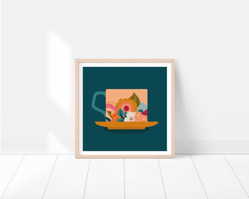 Little Navy Cup and Saucer Note Card & Envelope Framable Card 4x4 High Quality Print Retro Art Print Gift image 4