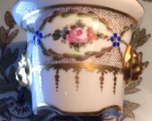 Antique French Porcelain Inkwell, Ring Dish, Handpainted 1800s, Paris Porcelain, Gilt Gold Lions Head Handles, Flower Garland Design,