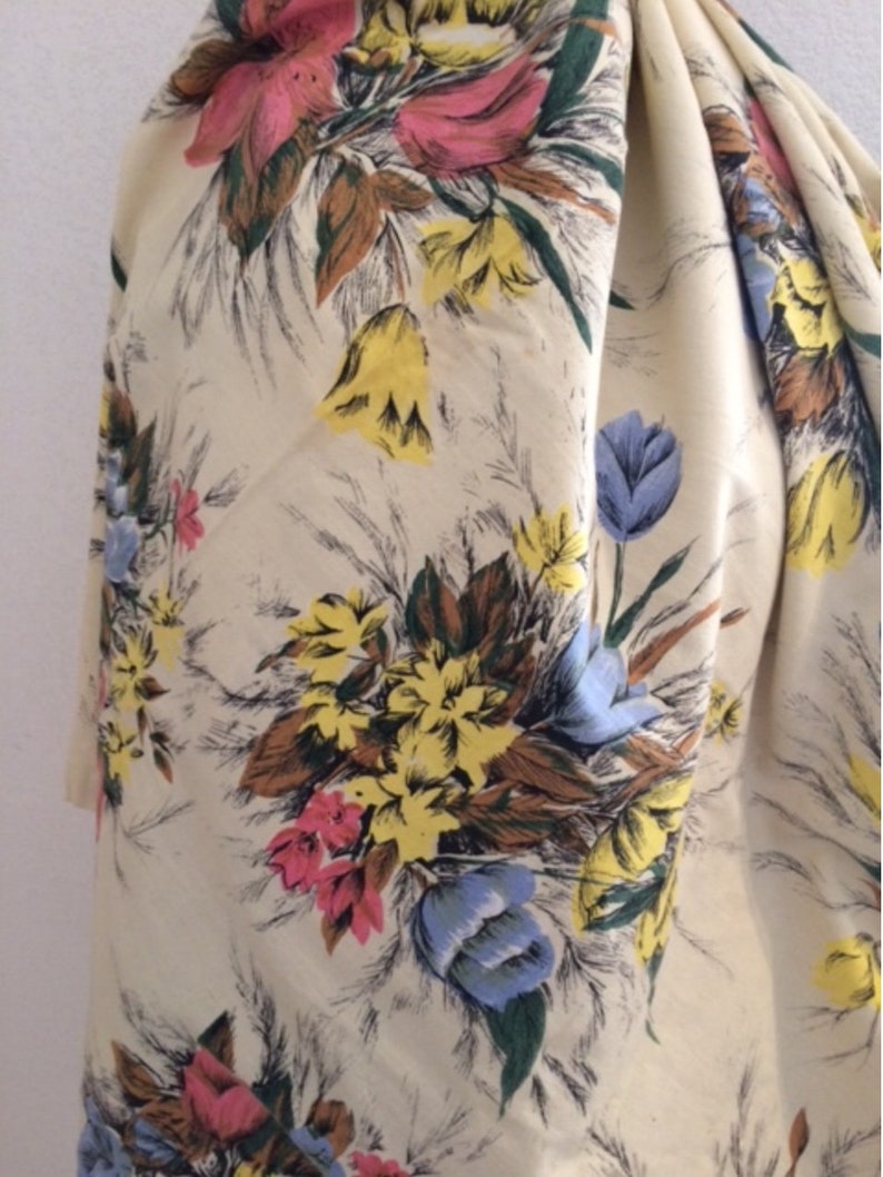 Midcentury French Material French Vintage Fabric 184cm Long x 130cm Wide, Large Floral Curtain Panel