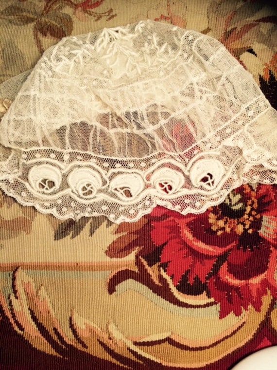 French Flapper Bridal Veil Cap Antique Embroidered