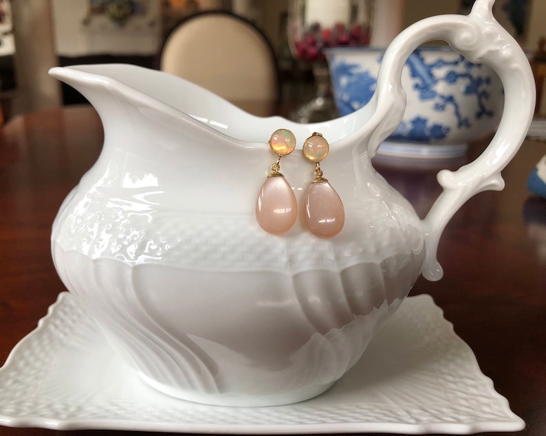 Peach Moonstone and Ethiopian Opal Drop Earrings 1