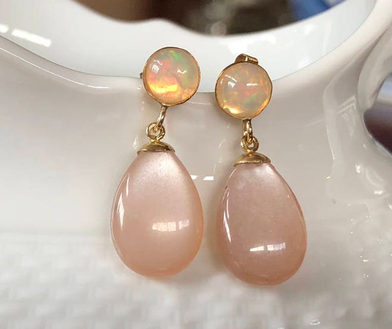 Peach Moonstone and Ethiopian Opal Drop Earrings 1