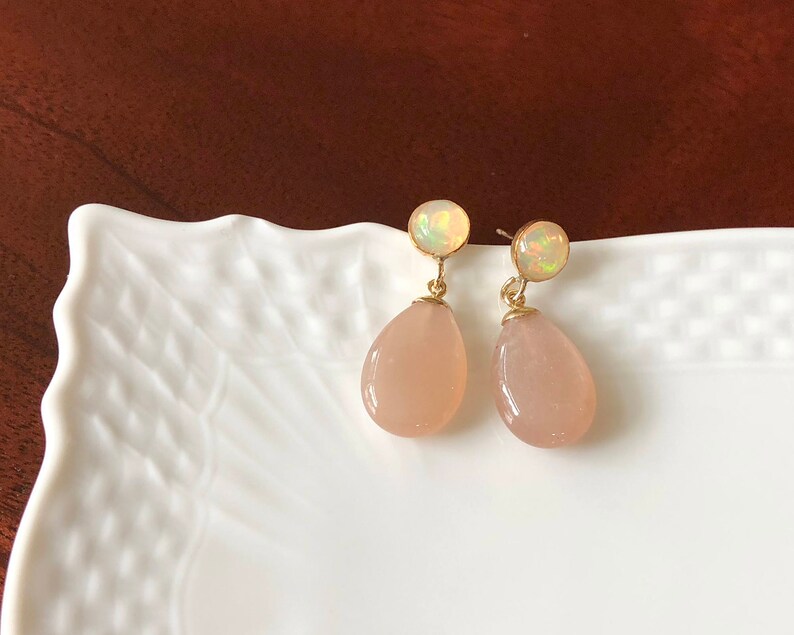 Peach Moonstone and Ethiopian Opal Drop Earrings 1
