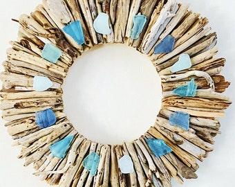 Driftwood Wreath with Aqua & Light Blue Sea Glass Accents 12" - 16" - 20” - Beach Decor - Maine Decor - Driftwood Wall Art