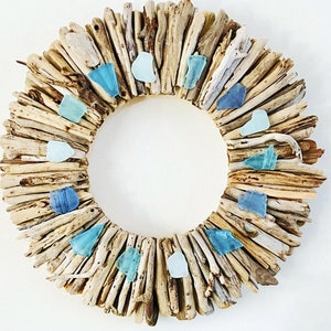 Driftwood Wreath with Aqua & Light Blue Sea Glass Accents 12" - 16" - 20” - Beach Decor - Maine Decor - Driftwood Wall Art