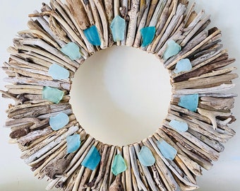 Driftwood Wreath with Shades of Aqua & Turquoise  Sea Glass - Sizes 12" - 16" - 20” - Driftwood Decor - Driftwood Wall Art