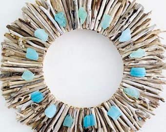 Driftwood Wreath with Aqua & Turquoise Sea Glass - Sizes 12" - 16" - 20” - Beach House Decor - Driftwood Wall Art