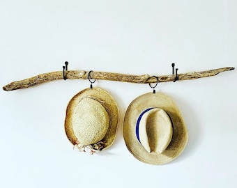 Driftwood Branch with Hand Forged Iron Hooks -  Wall Display - Coastal Wall Decor