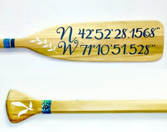 Painted Oar with Custom Coordinates - Hand Painted Nautical Wooden Boat Paddle - Custom Wall Art