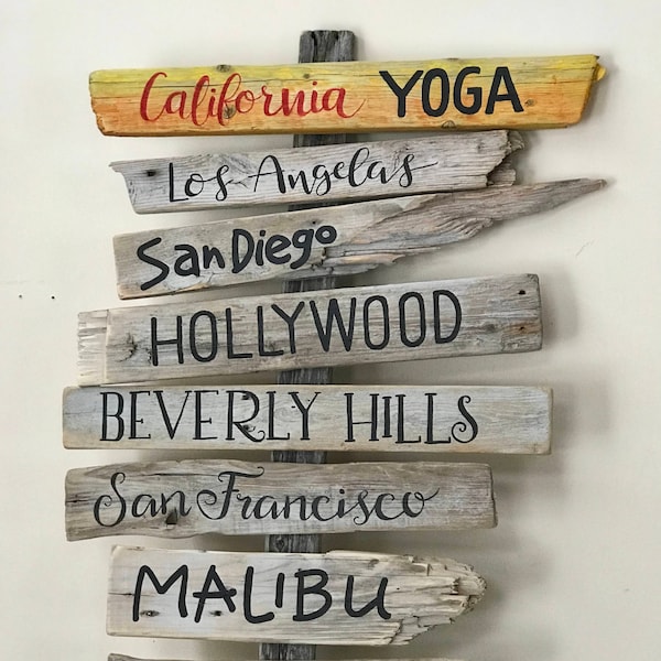 Custom Driftwood Mileage Sign with Hand Painted Graphics on Post - 6-8 Signs - Personalized Stacked Wooden Directional Sign