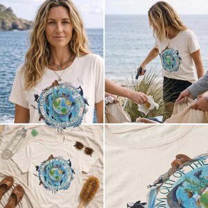 A collage of four images featuring a woman in a white t-shirt with a graphic design, including a globe, sea creatures, and text.
