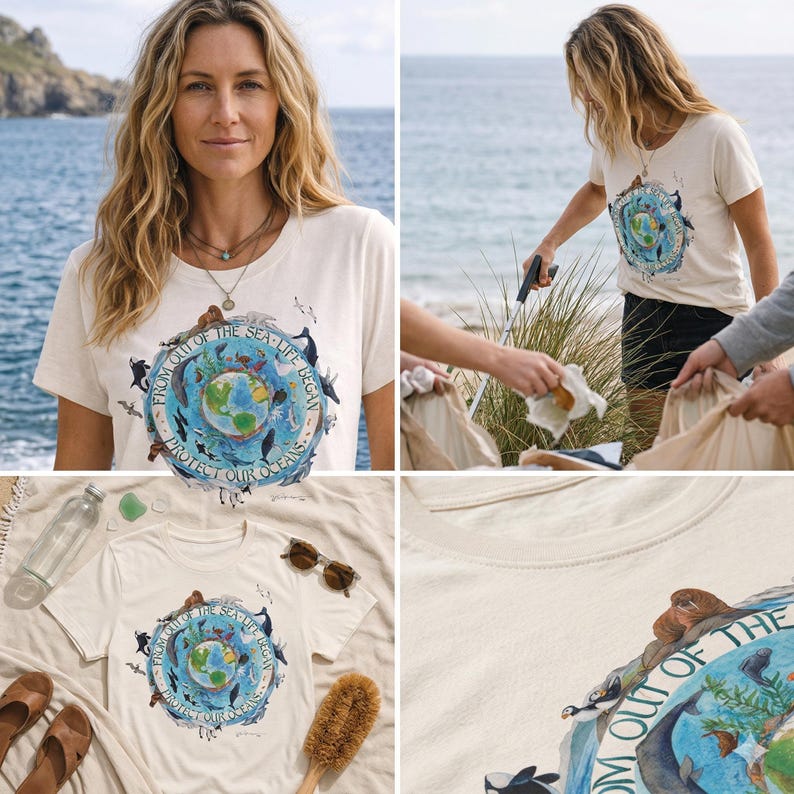 A collage of four images featuring a woman in a white t-shirt with a graphic design, including a globe, sea creatures, and text.