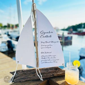 Signature Cocktails Bar Menu Sign  - 24&quot; Driftwood Sailboat Bar Menu | Signature Drink Sign | Wedding Bar Menu | Wedding Bar Sign