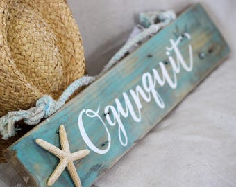 Custom Sign with Starfish and Fishing Rope Hanger - Coastal Themed Sign - Summer Cottage Sign