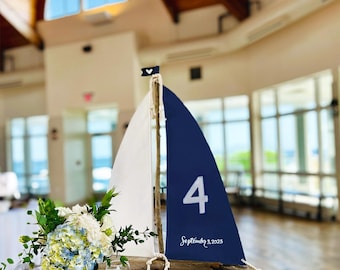 Driftwood Sailboat Table Number, 14" Coastal Wedding Decor, Nautical Centerpiece