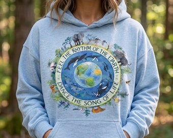 Rhythm of The Earth Hoodie - Cozy Fleece Pullover - Wildlife Circle Graphic Sweatshirt - Nature Hoodie - Sustainable Vibe Everyday Wear