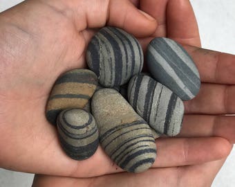 Maine Beach Stones - 10 Multi Striped- 1.25" - 2" - Zen Stones - Home Decor - Striped Stones - Smooth Stones - Maine Beach Rocks