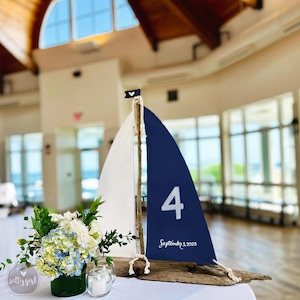 Nautical Table Numbers - 14&quot; Driftwood Sailboat Wedding Markers