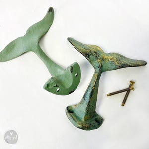 Whale Tail Coat Rack Rustic Wall Hook, Nautical Cast Iron Design (4 3/4 Inch, Patina Finish, Durable)