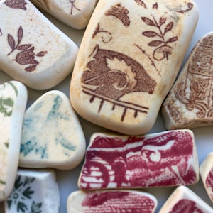 Beach Pottery - 5 Pieces Patterned Maine Beach Pottery Pieces - Jewelry Supplies - Beach Pottery Jewelry