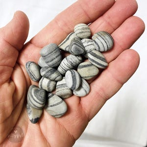 May include: A handful of smooth, striped beach stones in shades of gray and white. The stones vary in size and shape, with distinct dark gray bands. The stones are held in an open hand, showcasing their natural patterns and textures.