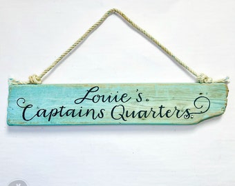 Custom Driftwood Sign - Blue Distressed Personalized Beach House Sign with Fishing Rope Hanger