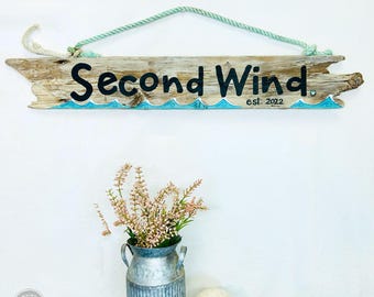 Custom Driftwood Sign with Nautical Waves and Recycled Lobster Rope Hanger - Personalized Beach House Décor, Coastal Wall Art