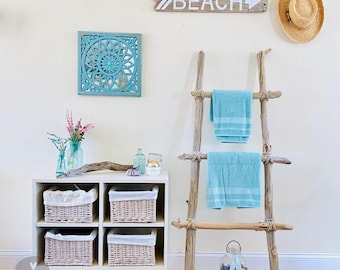 Handmade Driftwood Blanket Ladder – Coastal Quilt Display