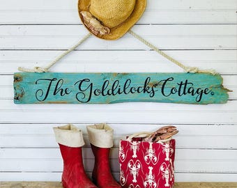Custom Driftwood Sign - Blue Distressed One-Line Beach House Sign with Fishing Rope Hanger