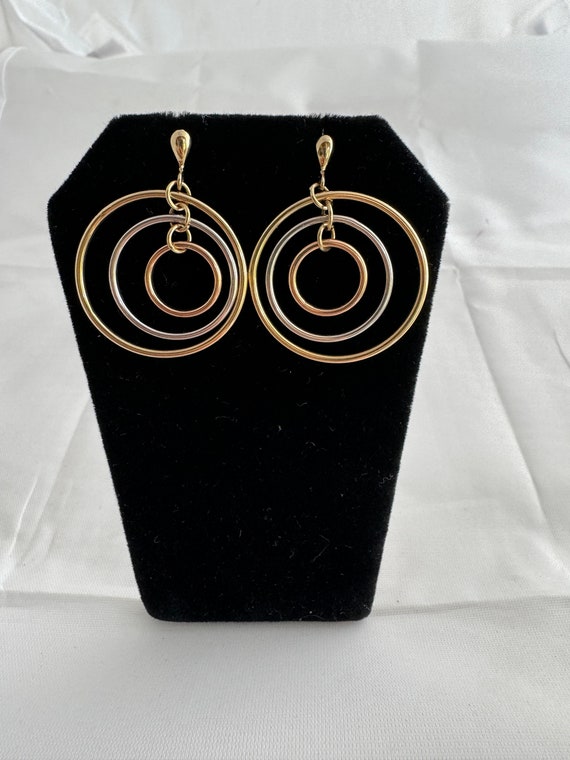 14K Solid Gold 3 Ring Hoop Earrings Whimsical Rose