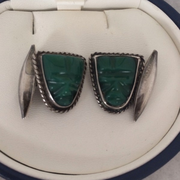 Tribal Aztec Cuff Links Mayan Mask Head Figural Warrior Face Carved Green Onyx Plata Mexico Sterling Silver 925 Cufflinks