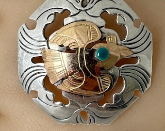 18K Gold Peru Inca God Gold Sterling Silver Pendant Brooch Pin Vintage Patina 11.64 Grams Width 1.83” Hallmark 925 - 18K