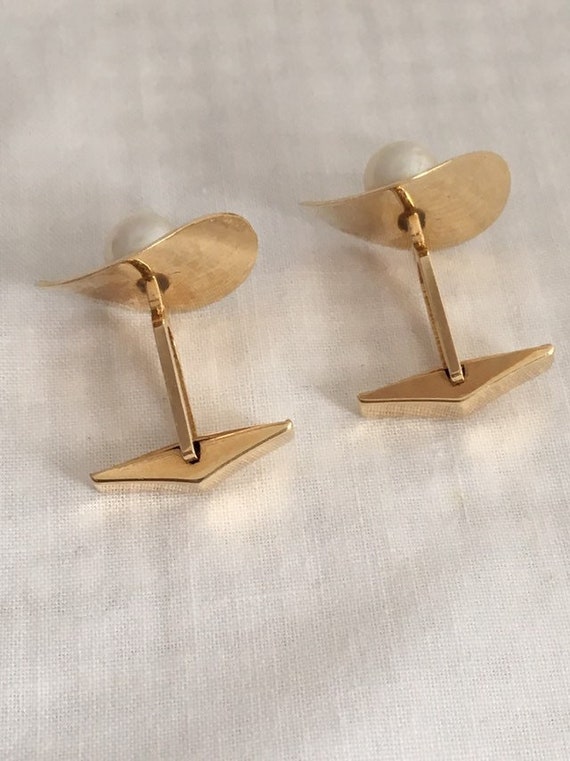 14K Gold Solitaire Cultured Pearl Cuff Links Beau… - image 8