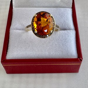 10K Gold 4ct. Madeira Citrine Round 36 Champagne Diamonds Ring Size 8 Weighs 3.6 Grams Solid Yellow Gold Hallmark DK 10K