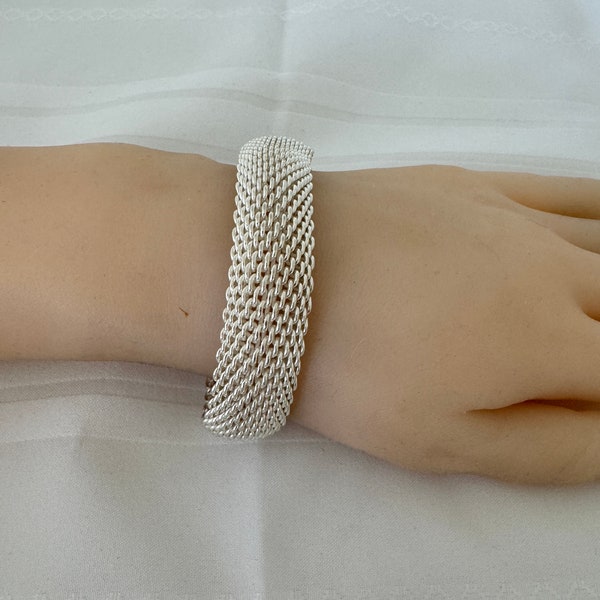 Solid Mesh Sterling Silver Articulated Wide Flexible 925 Bracelet 52.92 Grams Hallnark 925 Fits 7.5” Wrist Give or Take