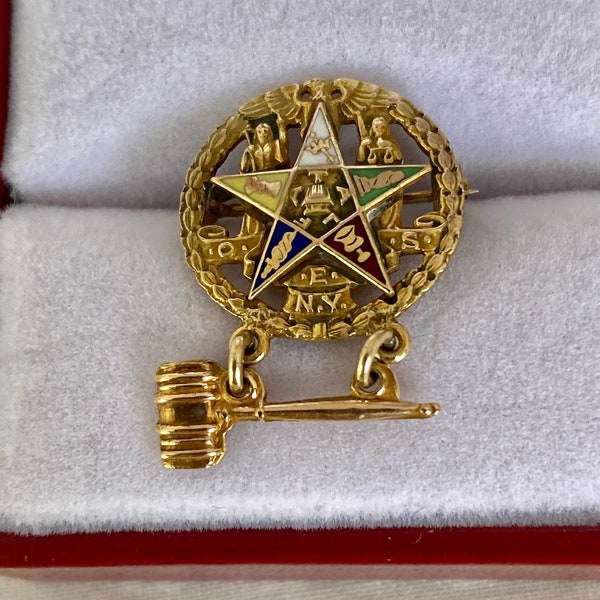 10K Gold Eastern Star Masonic Order of the Eastern Star Eagle And Gavel Pin Brooch Multi Color Enamel