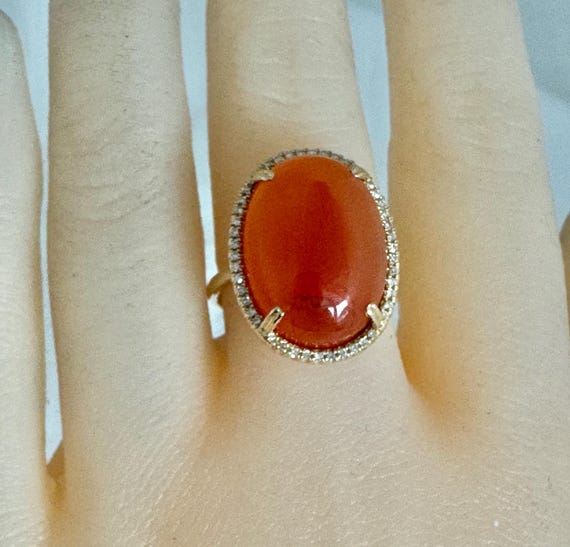 14K Solid Gold Red Jadeite Gemstone Oval Cabochon… - image 9