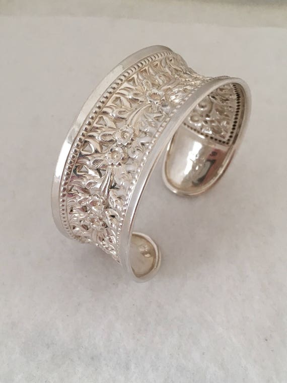 Cuff Concave Floral Openwork Bracelet 925 Sterling Silver | Etsy