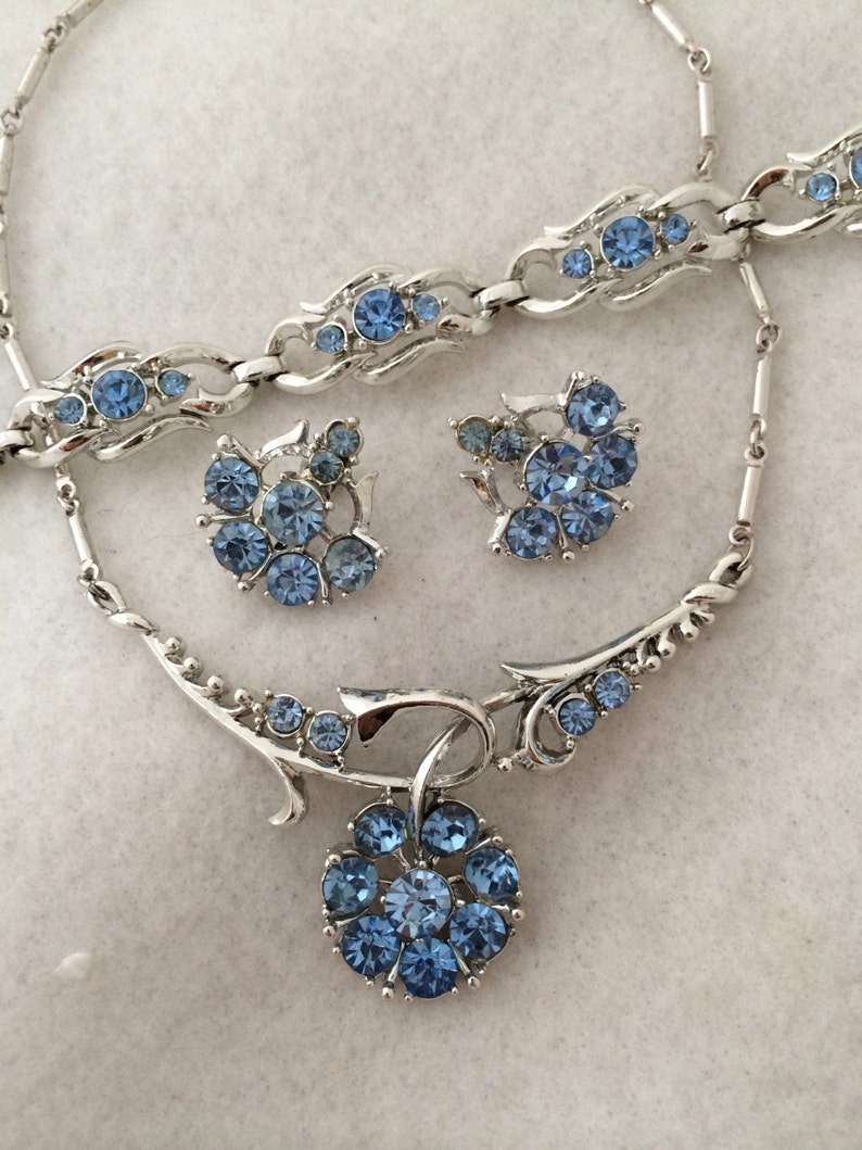 Coro Full Parure Set Sky blue Rhinestone Chocker Necklace Five Section Bracelet Screw Back Earring All signed Vintage Coro Silver Tone Medal