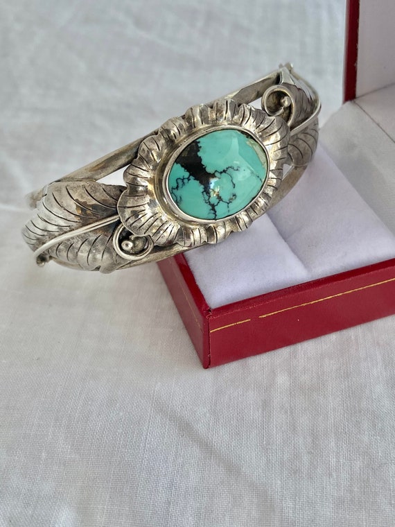セルロイドバングル② ヴィンテージ Handcrafted Turquoise Cabochon Vintage Sterling Silver 925