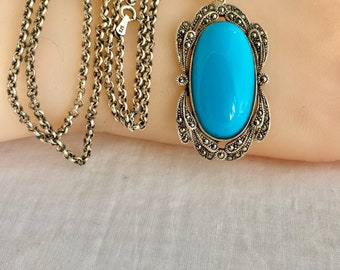 Turquoise Cabochon Marcasite  Pendant Border  925 Sterling Silver Boucher Chain Necklace 22” Length