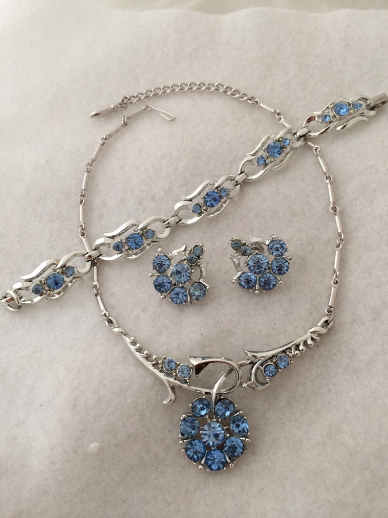 Coro Full Parure Set Sky blue Rhinestone Chocker Necklace Five Section Bracelet Screw Back Earring All signed Vintage Coro Silver Tone Medal