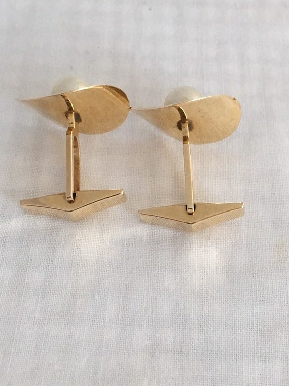 14K Gold Solitaire Cultured Pearl Cuff Links Beau… - image 6