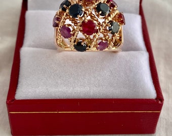 14K Gold 6 Sapphires 8 Rubies Gemstones Dome Filagree Openwork Ring Shiny Yellow Gold