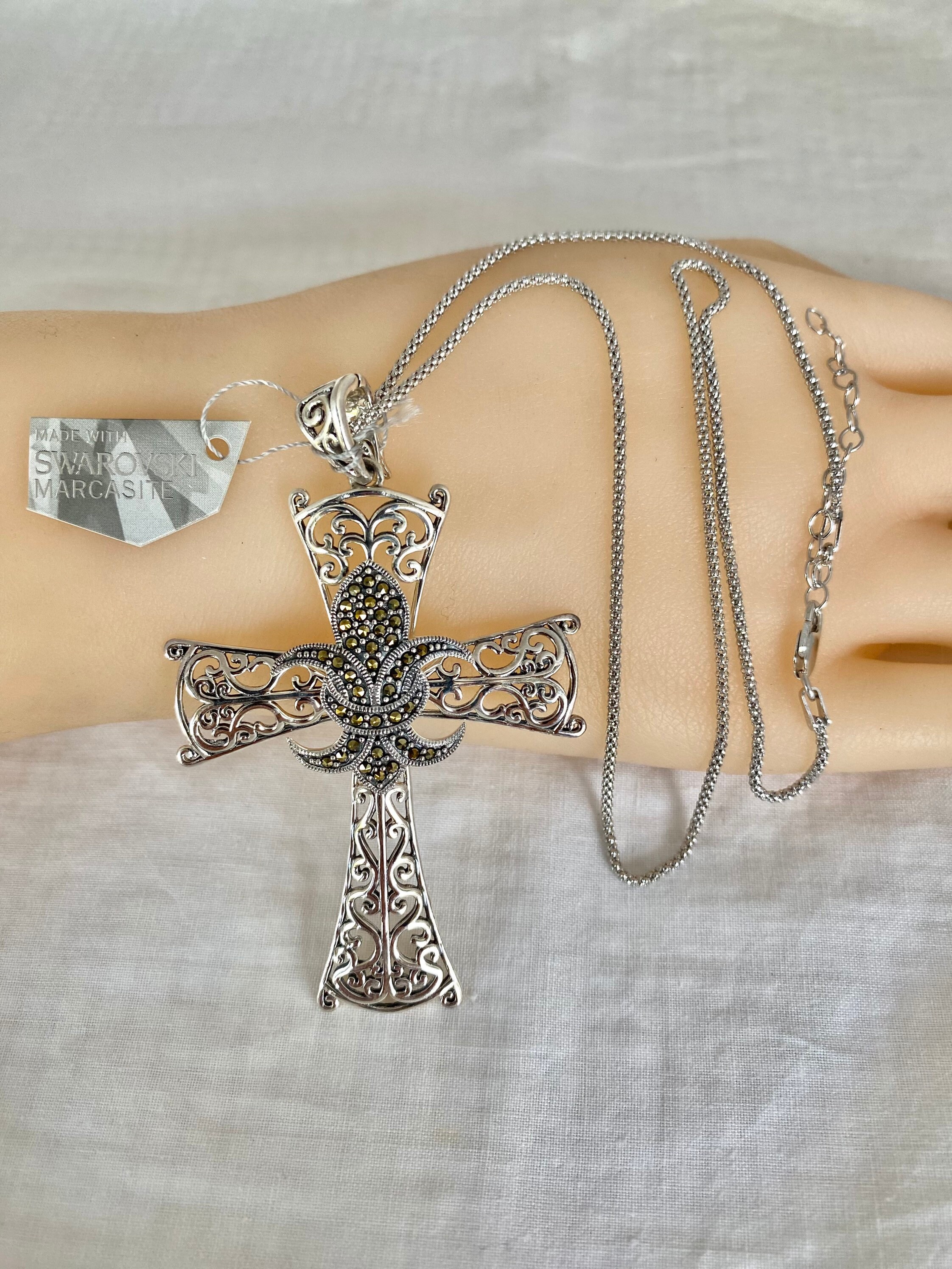 Swarovski Marcasite Cross Pendant Open Work Enhancer Bail Seed Snake Chain Sterling Silver 925