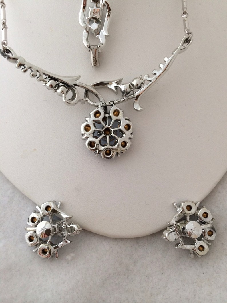 Coro Full Parure Set Sky blue Rhinestone Chocker Necklace Five Section Bracelet Screw Back Earring All signed Vintage Coro Silver Tone Medal