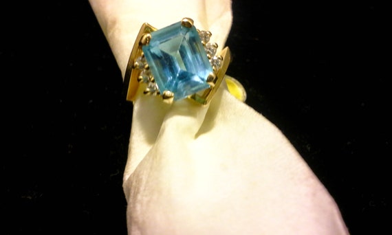 Vintage Emerald cut Swiss blue Topaz Ring diamond… - image 1