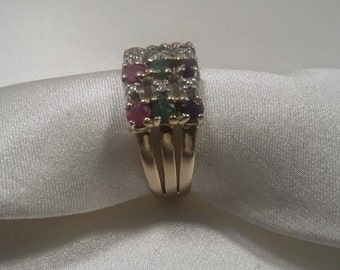 Vintage10k Gold multi stone Cocktail Ring Ruby-Emerald-Sapphire-Diamond sz-6.5 2.9grams