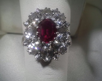 Vintage Sterling Silver Garnet & Crystal Cocktail Ring, Size 8.5